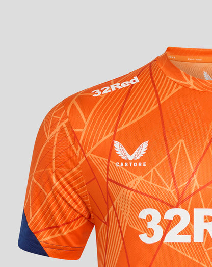 Close-up of orange Rangers 24/25 men's league matchday T shirt showing the 32Red sponsor and geometric pattern