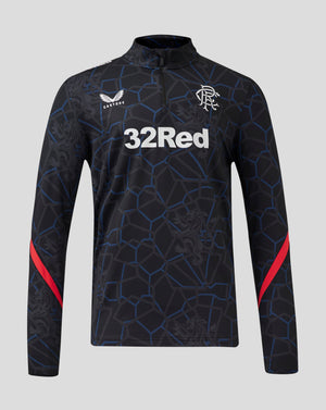 Front view of Rangers Third Matchday 1/4 Zip Midlayer in dark geometric pattern with funnel neck and 32Red across the chest