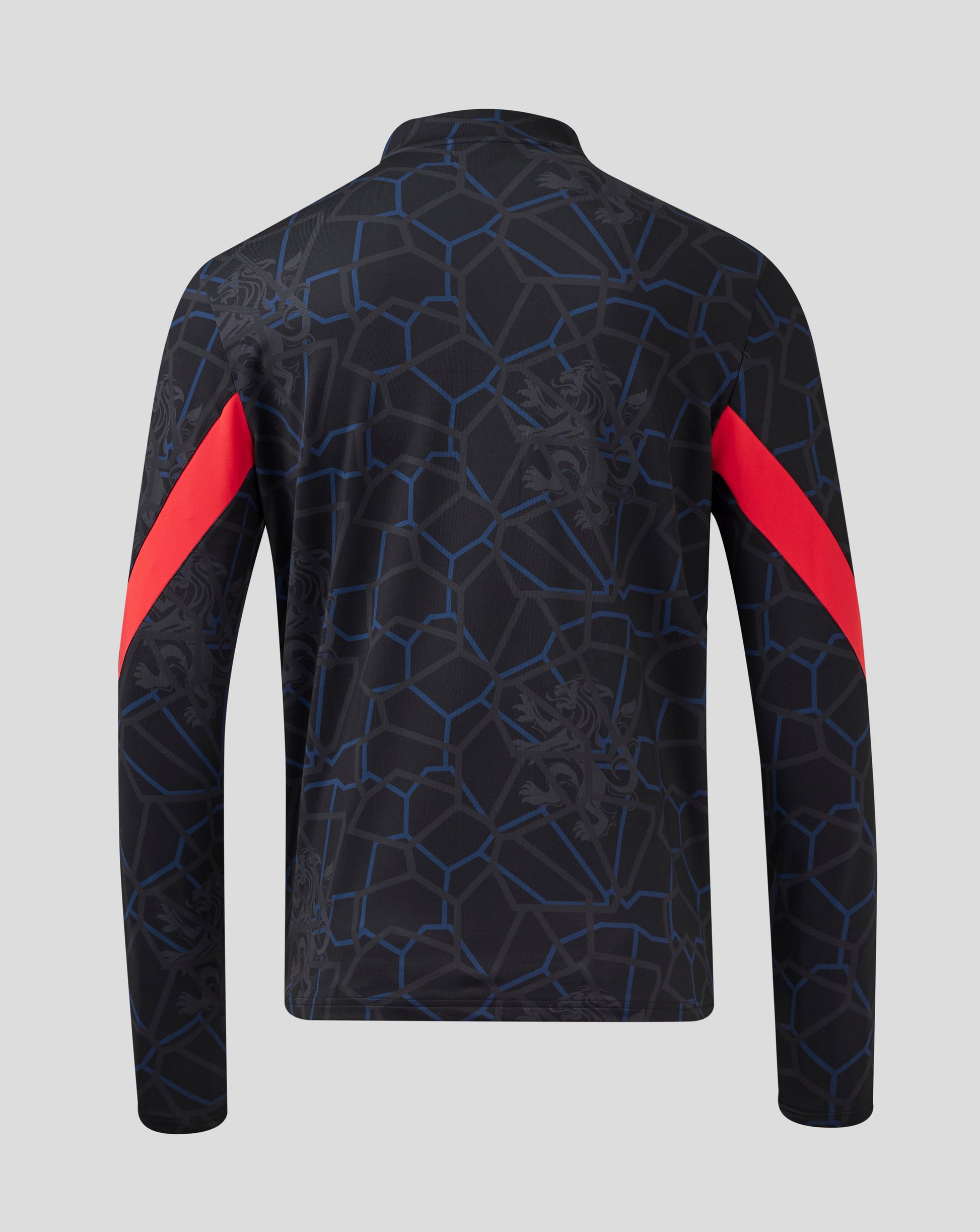 Back view of Rangers Third Matchday midlayer with funnel neck and bold red sleeve panels against the dark geometric pattern