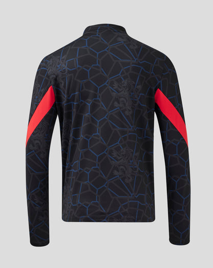 Back view of Rangers Third Matchday midlayer with funnel neck and bold red sleeve panels against the dark geometric pattern