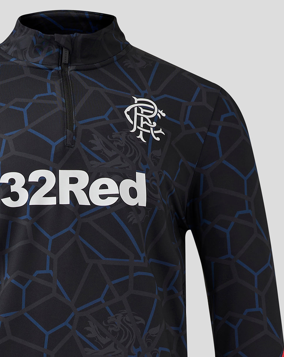Close up of Rangers Third Matchday 1/4 Zip Midlayer showing zip collar and crest on chest against the geometric pattern