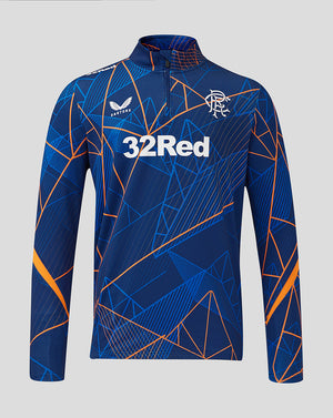 Blue Rangers League Matchday quarter zip midlayer with funnel neck orange geometric print and crest and sponsor logos