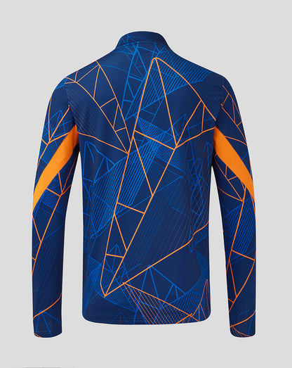 Back view of blue Rangers League Matchday quarter zip midlayer with orange geometric pattern