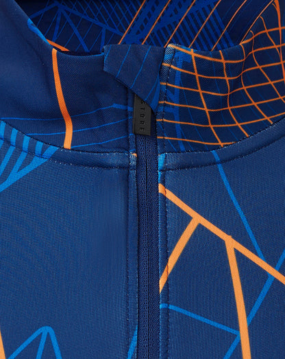 Close-up of back neck zipper on Rangers Matchday midlayer showing funnel collar and bold geometric print