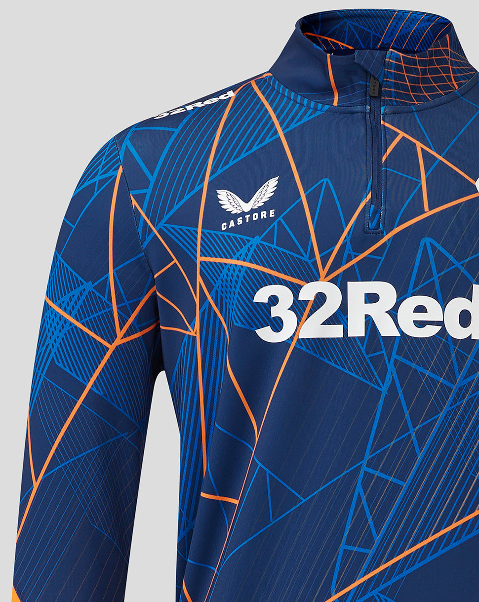 Rangers navy quarter zip midlayer with orange geometric print and 32Red sponsor across front