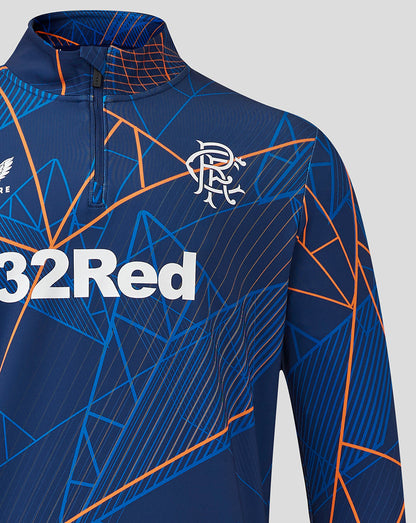 Rangers navy league matchday midlayer with orange geometric print and quarter zip chest crest