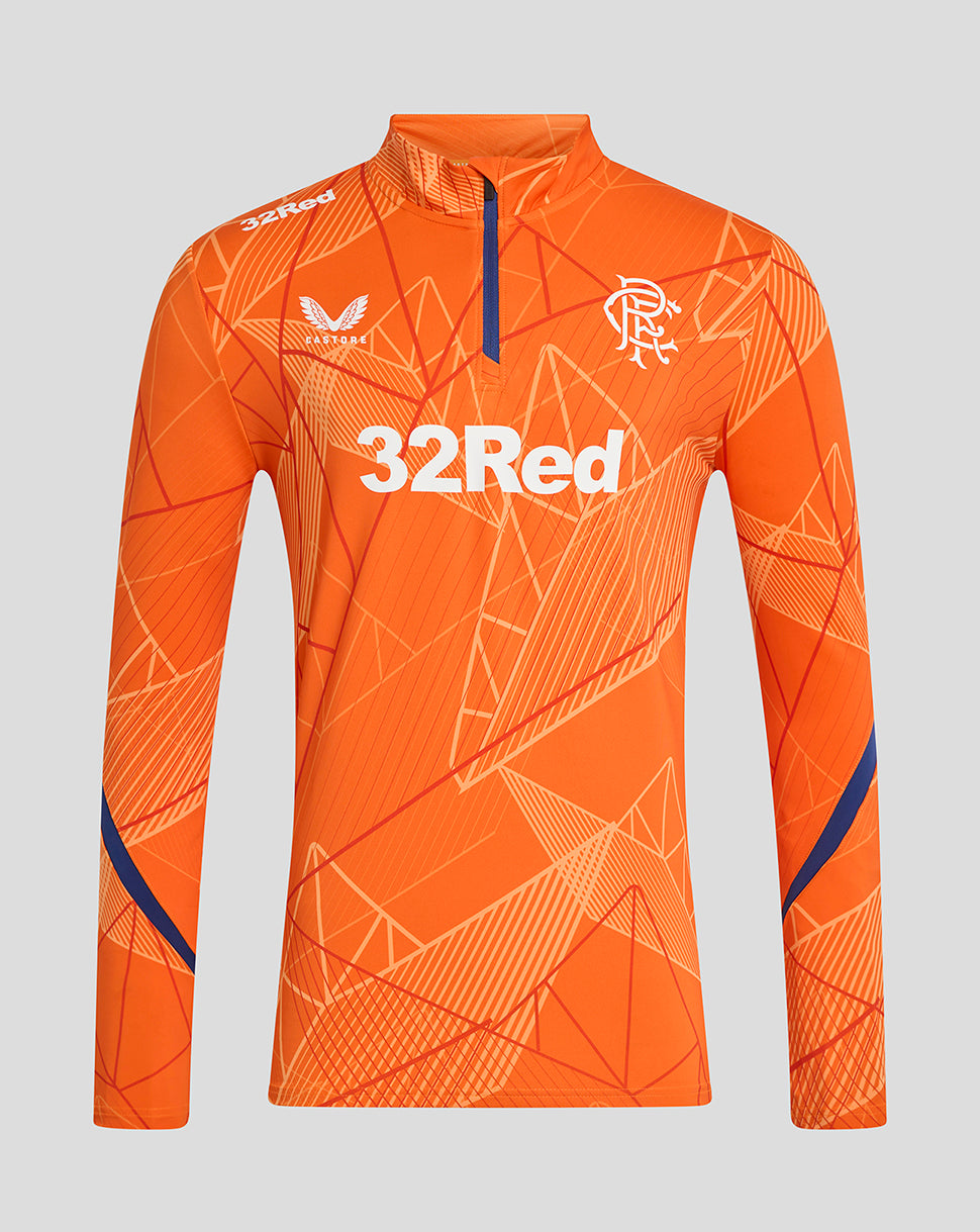 Bright orange Rangers 24/25 league matchday midlayer with a bold geometric pattern and 32Red sponsor across the chest