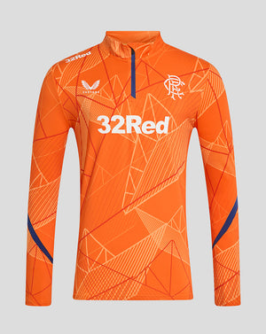 Bright orange Rangers 24/25 league matchday midlayer with a bold geometric pattern and 32Red sponsor across the chest