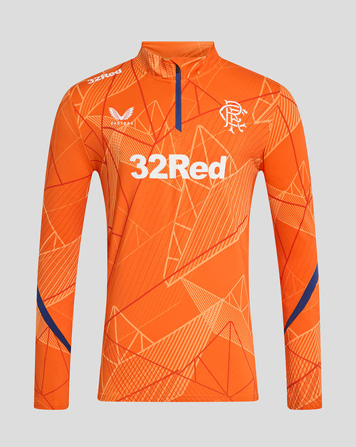 Bright orange Rangers 24/25 league matchday midlayer with a bold geometric pattern and 32Red sponsor across the chest