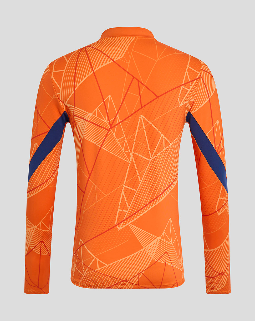 Back view of bright orange Rangers 24/25 league matchday midlayer with geometric print and blue sleeve accents