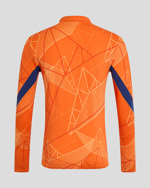Back view of bright orange Rangers 24/25 league matchday midlayer with geometric print and blue sleeve accents