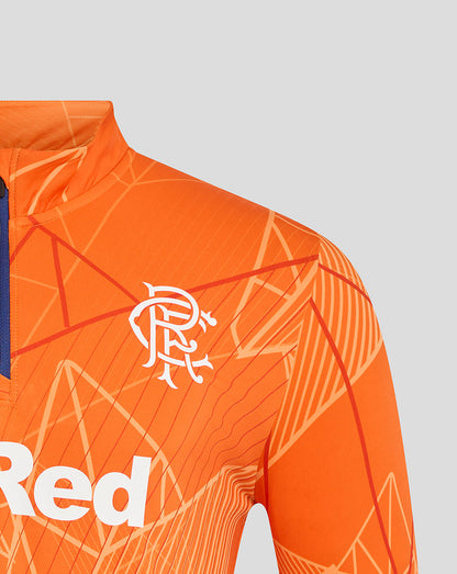 Rangers 24/25 men's League quarter zip midlayer in bright orange with geometric line pattern and white crest on the chest