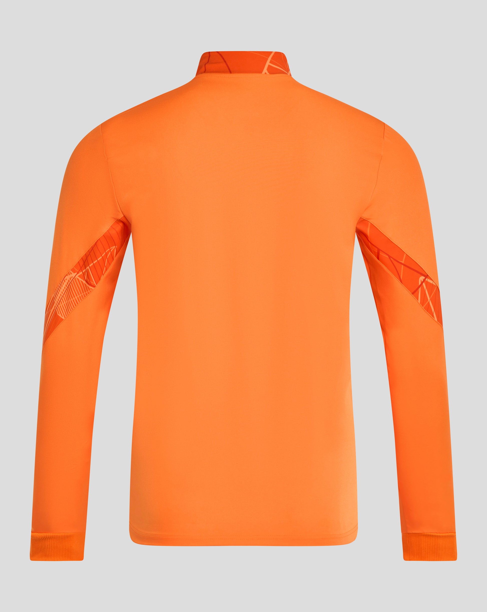 Back view of bright orange Rangers 24/25 Matchday Anthem jacket with a patterned collar.