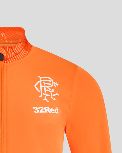 Front view of the orange Rangers jacket chest showing a white crest and 32Red sponsor.