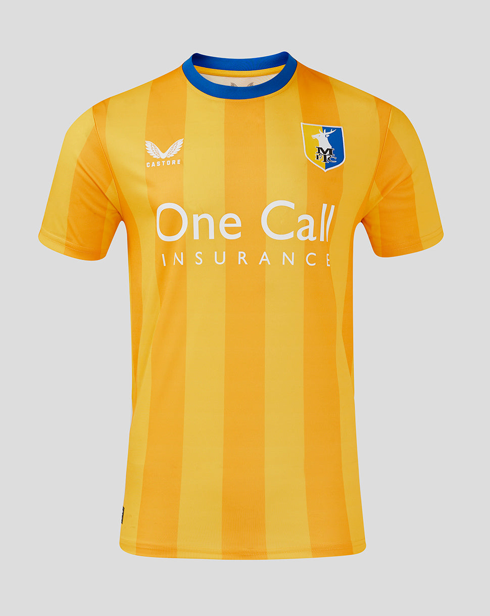 Yellow vertical striped Mansfield Short Sleeve Shirt with left chest crest and sponsor One Call Insurance across front