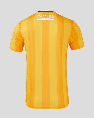 Back view of Mansfield Home Short Sleeve Shirt with vertical gold amber stripes and sponsor label at the upper back.
