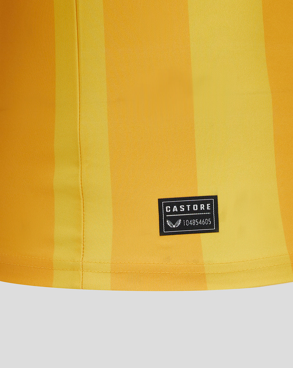 Close-up of yellow striped Mansfield Home Short Sleeve Shirt fabric with Castore label.