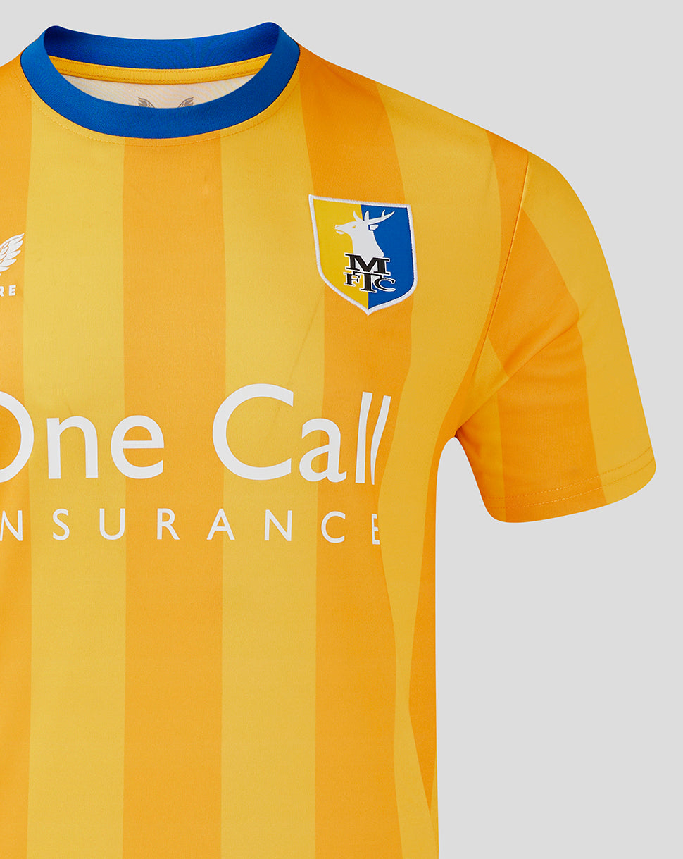 Front view of Mansfield Home Short Sleeve Shirt with yellow stripes blue collar crest on left chest and One Call Insurance across the chest.