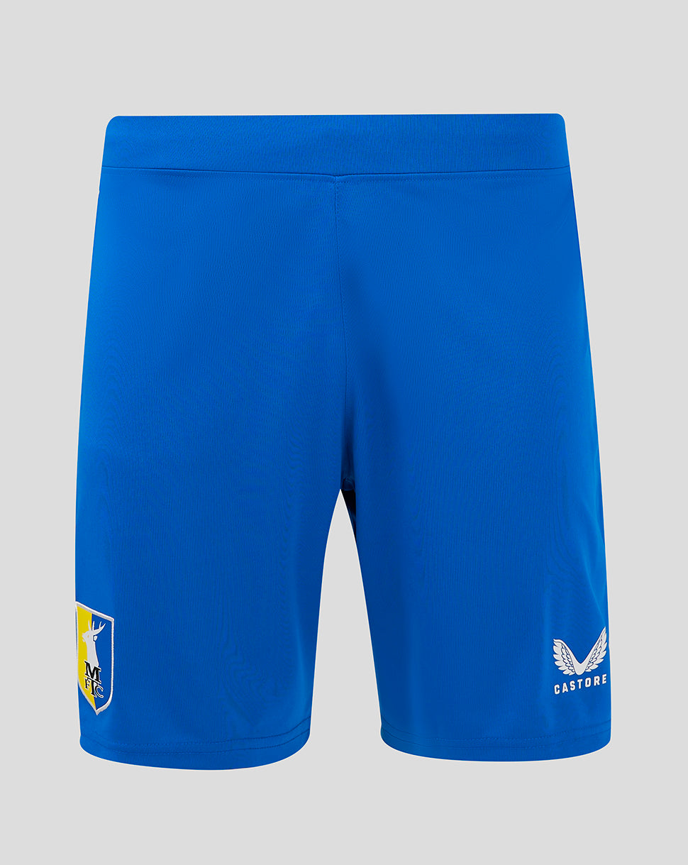 Back view of blue Mansfield Home Shorts with crest on the left thigh and Castore logo on the right thigh.