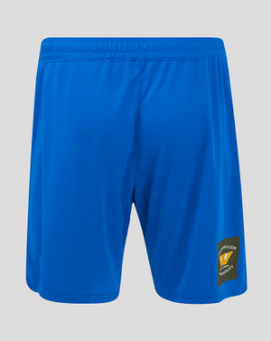 Back view of blue Mansfield Home Shorts with crest on the left thigh and sponsor patch on the right thigh.