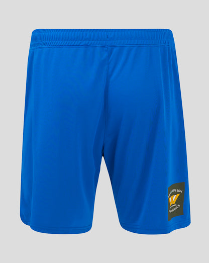 Back view of blue Mansfield Home Shorts with crest on the left thigh and sponsor patch on the right thigh.