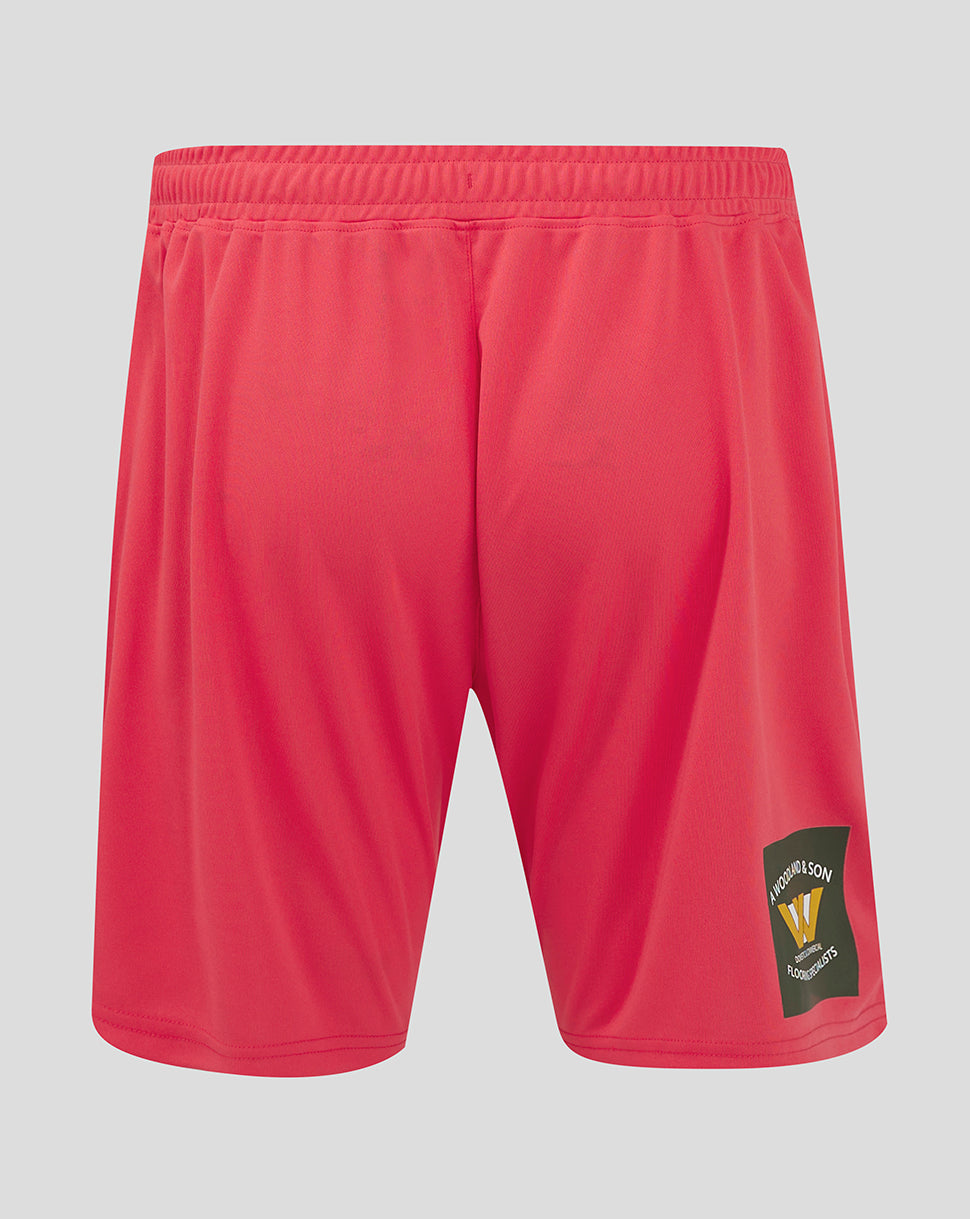 Back view of Mansfield Home Goalkeeper Shorts in Teaberry with a Woodland & Son patch on the left leg.