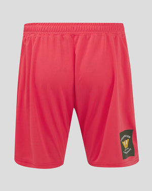 Back view of Mansfield Home Goalkeeper Shorts in Teaberry with a Woodland & Son patch on the left leg.