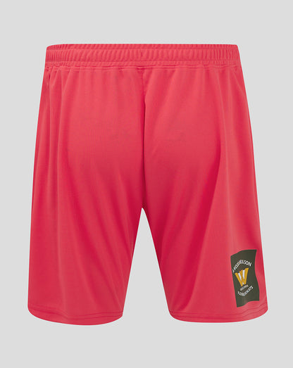 Back view of Mansfield Home Goalkeeper Shorts in Teaberry with a Woodland & Son patch on the left leg.