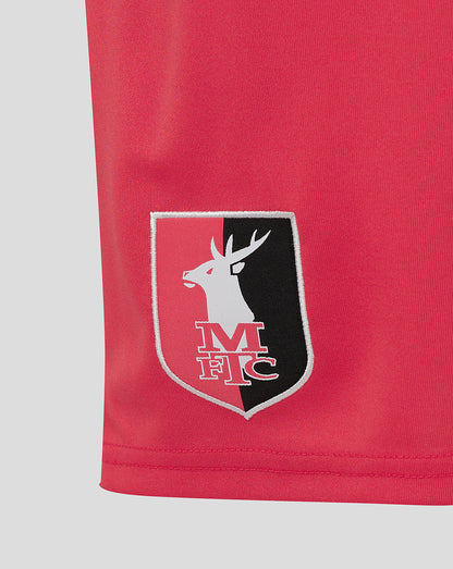 Close-up of Teaberry Mansfield Home Goalkeeper Shorts showing crest badge on the right thigh.