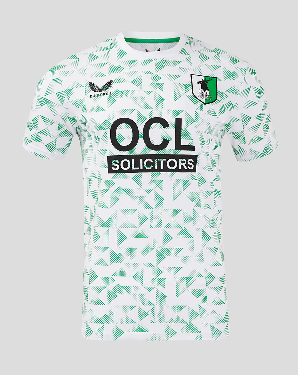 White Mansfield Away Shirt with green geometric pattern left chest crest and OCL Solicitors across the front