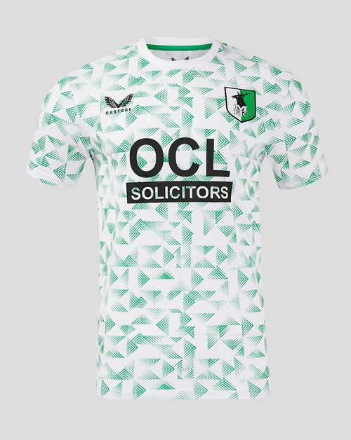 White Mansfield Away Shirt with green geometric pattern left chest crest and OCL Solicitors across the front
