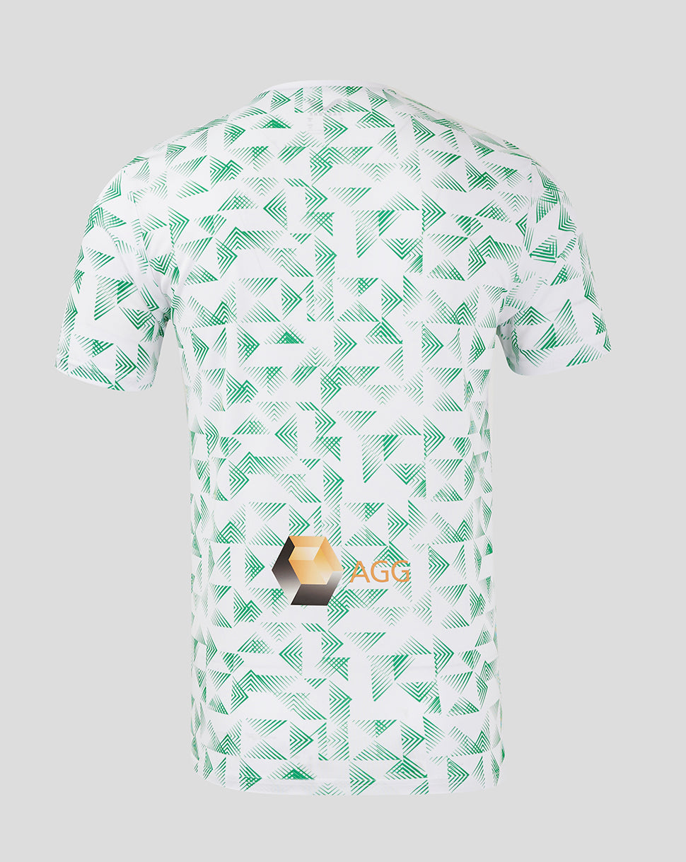 Mansfield Away Shirt back view in white with green chevron print and AGG logo at lower back