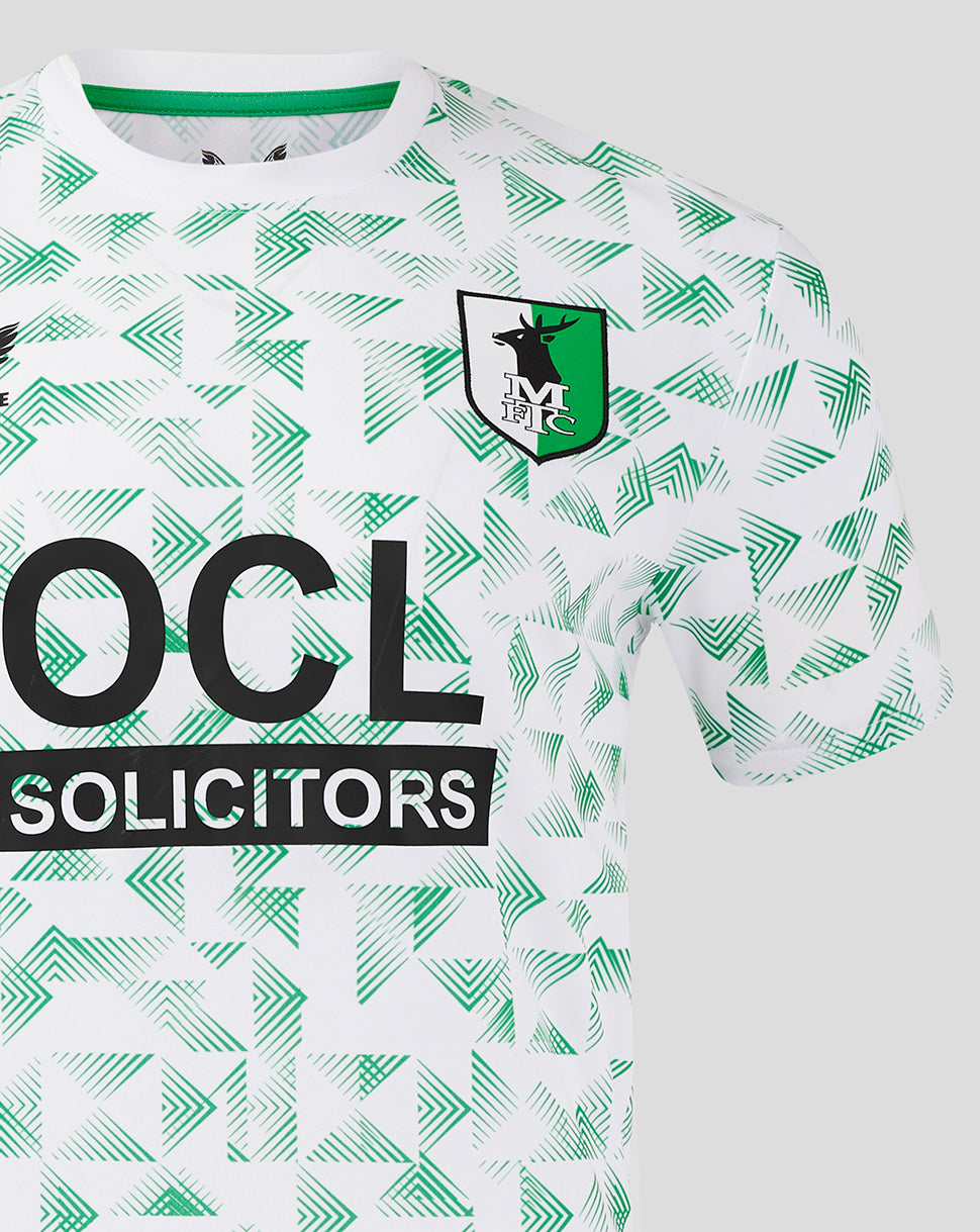 Mansfield away shirt white with green chevron print, left chest crest, and OCL Solicitors sponsor across the front