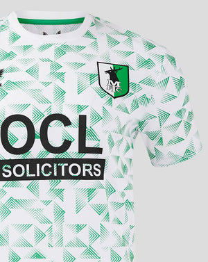Mansfield away shirt white with green chevron print, left chest crest, and OCL Solicitors sponsor across the front