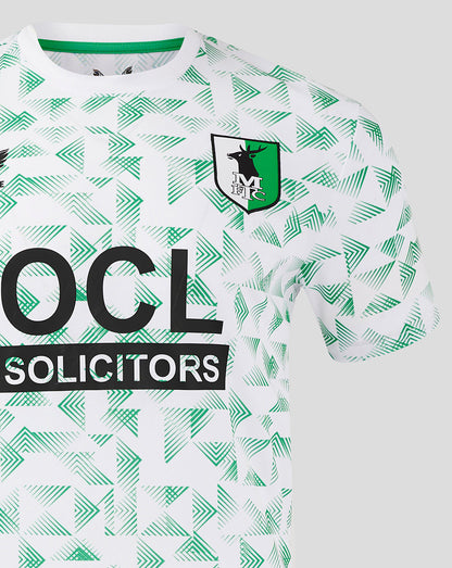 Mansfield away shirt white with green chevron print, left chest crest, and OCL Solicitors sponsor across the front