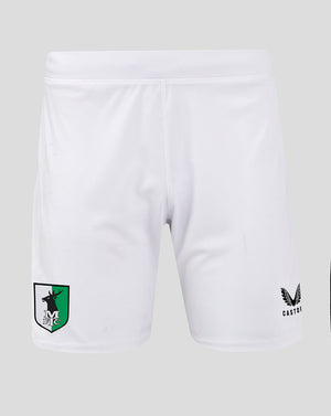 Mansfield Away Shorts front view in white with shield crest on left thigh and Castore logo on right thigh