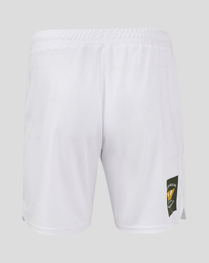 Back view of white Mansfield Away Shorts showing a dark square patch on the right leg hem