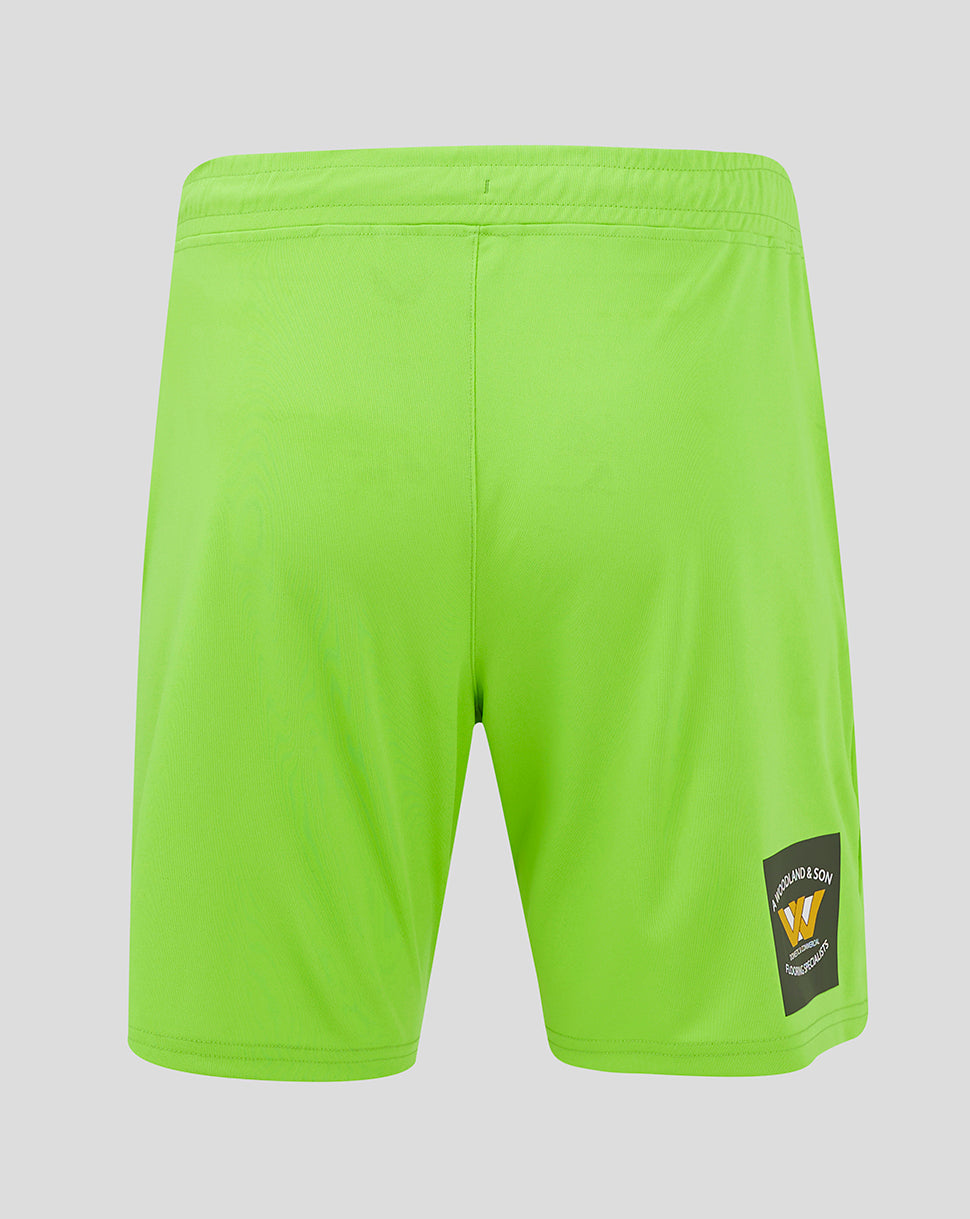 Back view of lime green Mansfield Away goalkeeper shorts showing patch on the lower right leg.