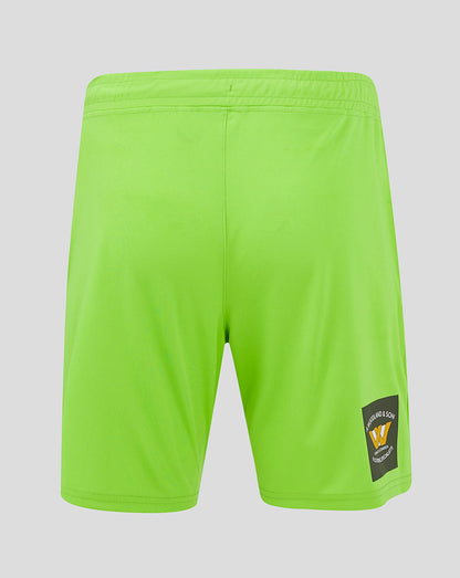 Back view of lime green Mansfield Away goalkeeper shorts showing patch on the lower right leg.