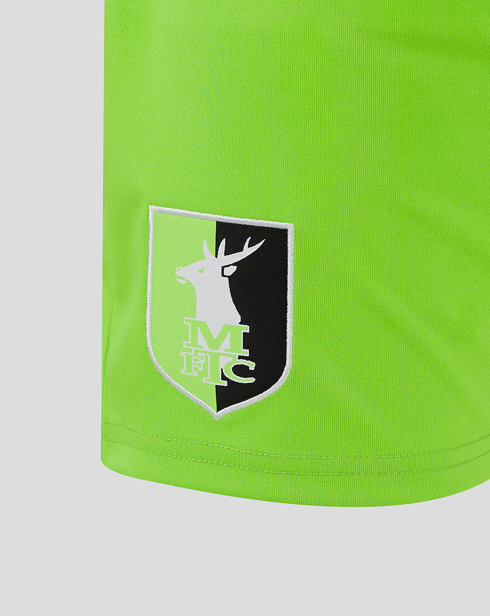 Lime green Mansfield Away goalkeeper shorts with a two-colour crest on the right thigh.