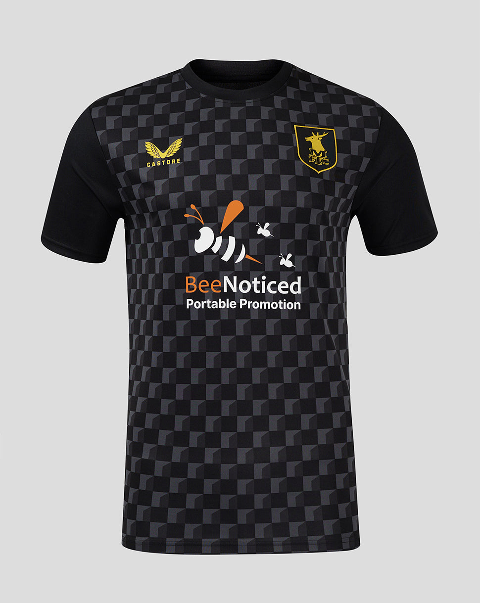 Dark geometric Mansfield Third Shirt with Castore branding on left chest crest on right chest and BeeNoticed front print