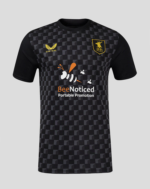 Dark geometric Mansfield Third Shirt with Castore branding on left chest crest on right chest and BeeNoticed front print