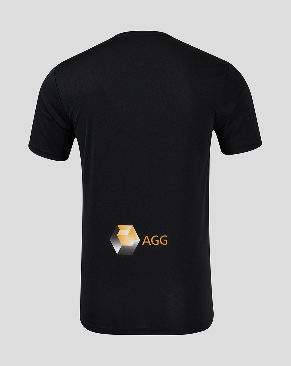 Back view of Mansfield Men's 24/25 Third Shirt in black with AGG logo at lower back.