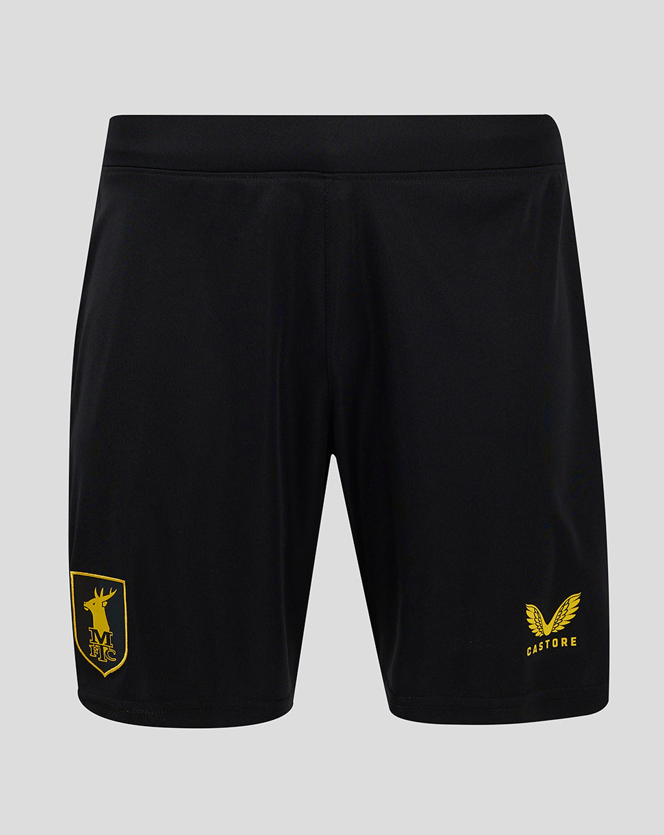 Mansfield Men's 24/25 Third Shorts in black with flat front waistband and internal elastic, side seam split; yellow shield crest on left thigh and Castore branding on right thigh.