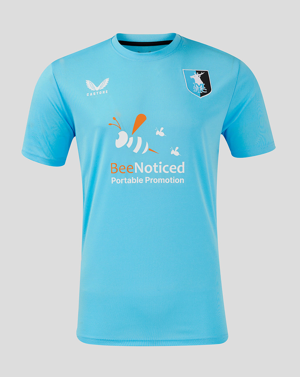 Bright blue Mansfield Third Goalkeeper Shirt with crest on the left chest and sponsor graphics.