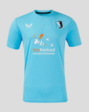 Bright blue Mansfield Third Goalkeeper Shirt with crest on the left chest and sponsor graphics.