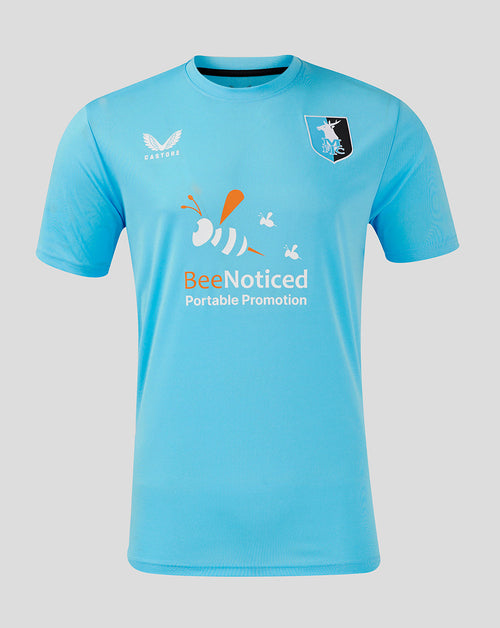 Bright blue Mansfield Third Goalkeeper Shirt with crest on the left chest and sponsor graphics.