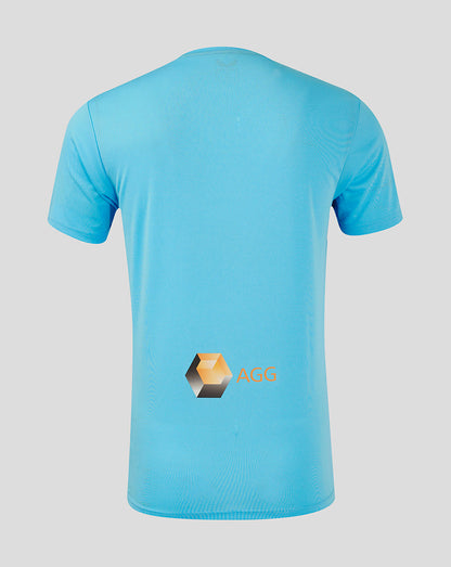 Back view of Mansfield Third Goalkeeper Shirt in bright blue with AGG hex logo on the lower back