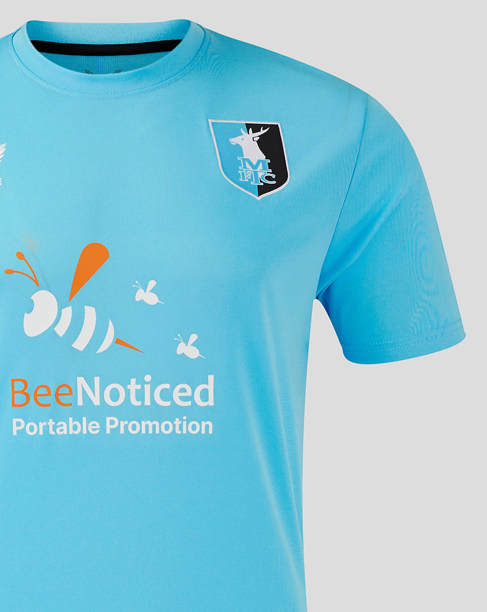 Bright blue Mansfield Third Goalkeeper shirt with shield crest on the left chest and BeeNoticed Portable Promotion front graphic