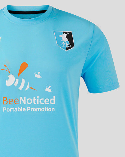 Bright blue Mansfield Third Goalkeeper shirt with shield crest on the left chest and BeeNoticed Portable Promotion front graphic